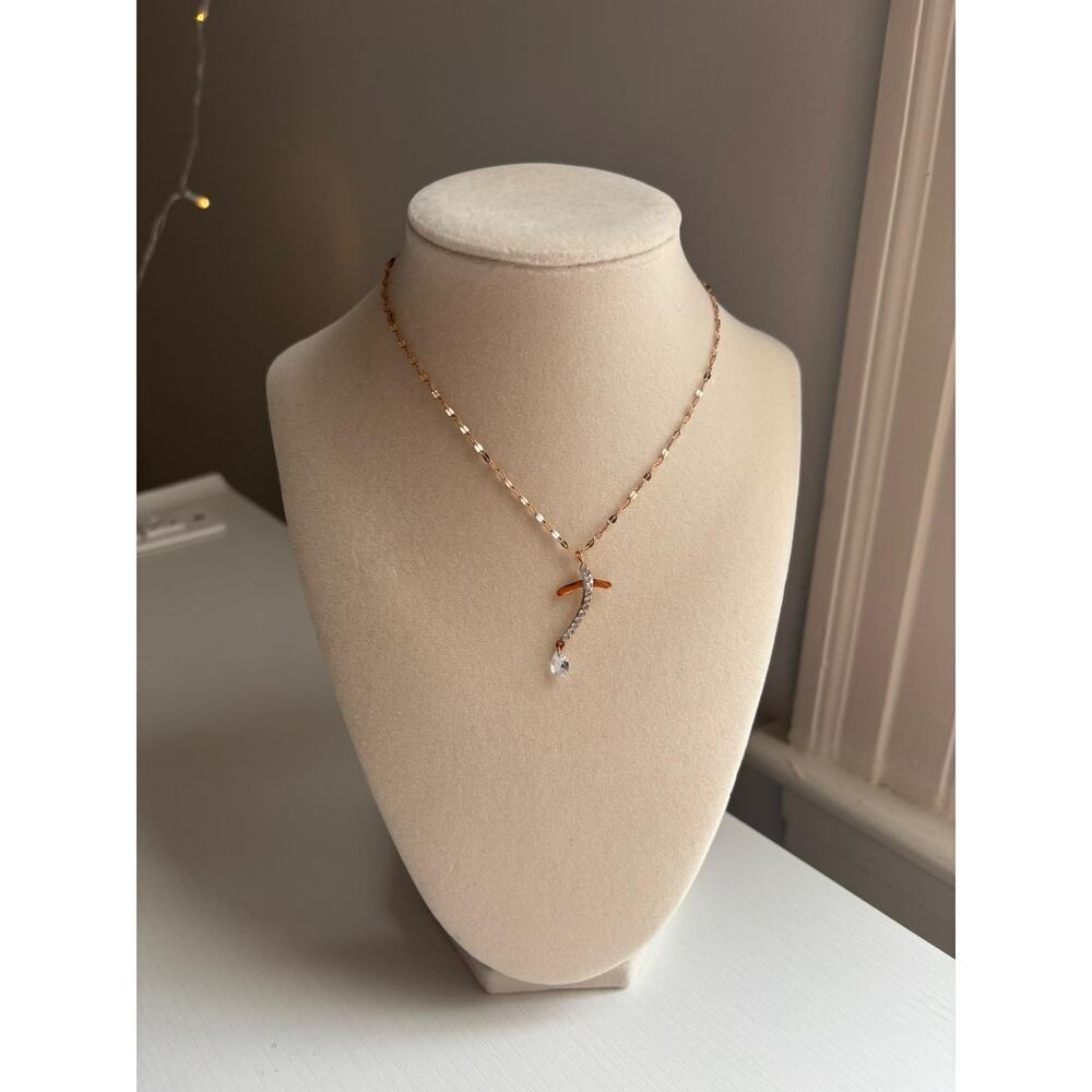 Rose Gold Curved Pendant Necklace Crystal Drop Dainty Elegant Jewelry - Picture 2 of 8